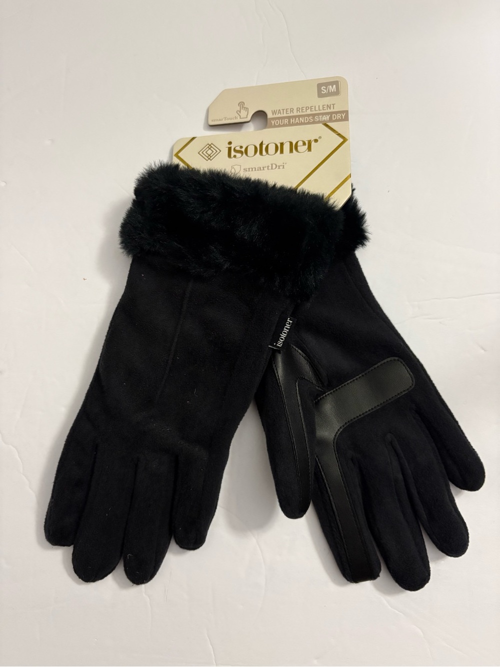 Isotoner Small Medium Faux Fur Cuff Water Repellent Smart Touch Black Gloves New